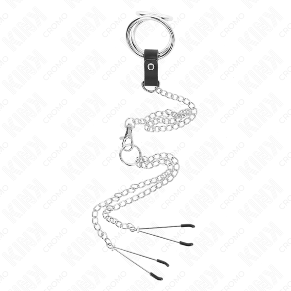 KINK - ANEL DE PÊNIS DE METAL TRIPLO CROMADO DE 3 CM A 4,5 CM COM CORRENTE DE METAL DE 26 CM E CLIPES DE MAMILO - Image 3