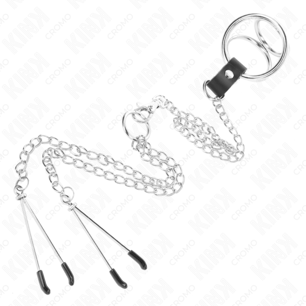 KINK - ANEL DE PÊNIS DE METAL TRIPLO CROMADO DE 3 CM A 4,5 CM COM CORRENTE DE METAL DE 26 CM E CLIPES DE MAMILO - Image 4