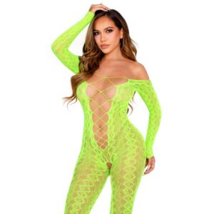 LEG AVENUE – BODYSTOCKING SEM BASE EXÓTICO RENDA DE COBRA VERDE NEON