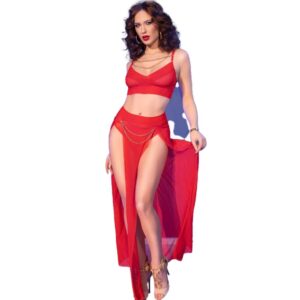 CHILIROSE – CR 4850 CONJUNTO DE TOP E LEGGING VERMELHO COM ACESSÓRIOS DOURADOS M