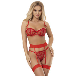 SUBBLIME – 954321 SUTIÃ COM ESTAMPA DE CORAÇÃO + TANGA + CINTO-LIGA VERMELHO S/M