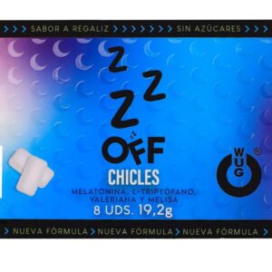 WUG OFF – GOMA DE MASCAR FUNCIONAL COM MELATONINA E VALERIANA, SABOR ALCAÇUZ, CARTELA COM 8 UNIDADES