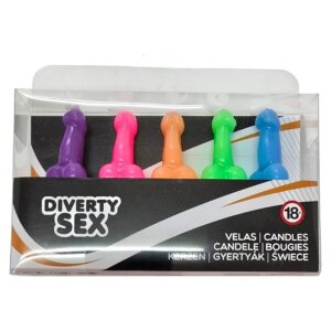 DIABLO PICANTE – CAIXA COM 5 VELAS EM FORMATO DE PÊNIS EM CORES DIFERENTES