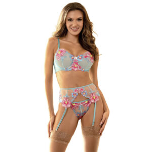 SUBBLIME – 957650 CONJUNTO DE SUTIÃ E CINTO-LIGA COM BORDADO DE FLORES ROSA L/XL