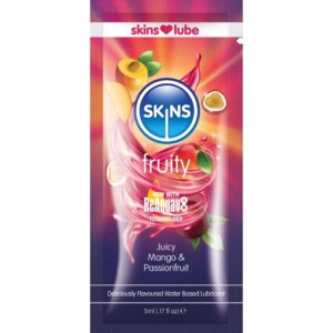 SKINS – LUBRIFICANTE À BASE DE ÁGUA COM SABOR FRUTADO DE MANGA E MARACUJÁ – DOSE ÚNICA DE 5 ML