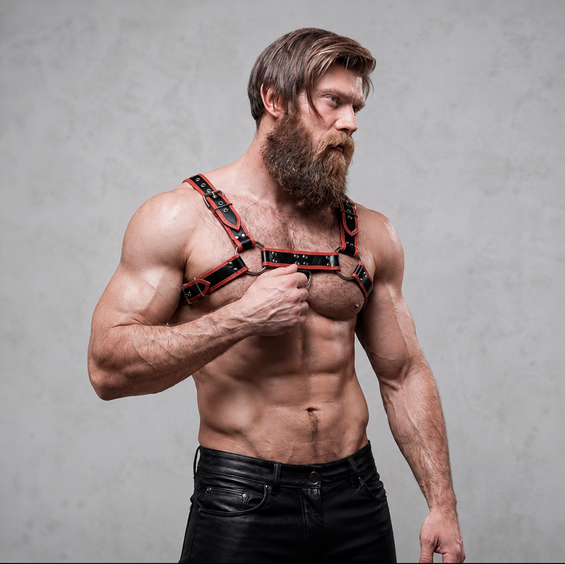 FETISH SUBMISSIVE ATTITUDE - ARNÊS DE PEITORAL DE COURO ECOLÓGICO MASCULINO PRETO/VERMELHO - Image 7