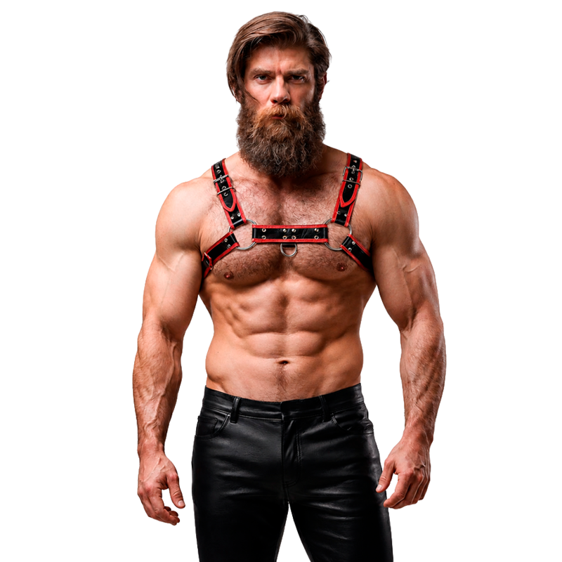 FETISH SUBMISSIVE ATTITUDE - ARNÊS DE PEITORAL DE COURO ECOLÓGICO MASCULINO PRETO/VERMELHO - Image 5