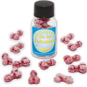 DIABLO PICANTE – POTE COM 12 DOCES DE MORANGO/CEREJA EM FORMATO DE PÊNIS FELIZ