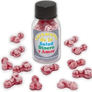DIABLO PICANTE – 12 DOCES SAÚDE-DINHEIRO-AMOR FORMATO DE PÊNIS MORANGO/CEREJA
