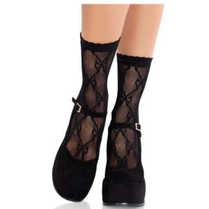 LEG AVENUE – MEIAS DE RENDA PRETA COM LAÇO