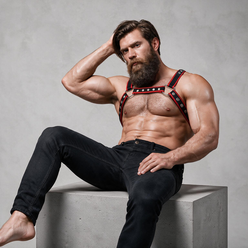 FETISH SUBMISSIVE ATTITUDE - PEITORAL DE COURO ECOLÓGICO MASCULINO BULLDOG ARNÊS PRETO/VERMELHO - Image 4