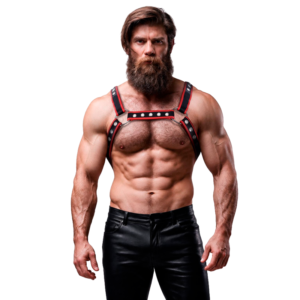 FETISH SUBMISSIVE ATTITUDE – PEITORAL DE COURO ECOLÓGICO MASCULINO BULLDOG ARNÊS PRETO/VERMELHO