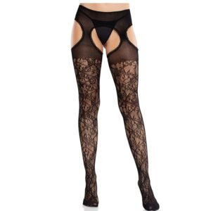 LEG AVENUE – MEIAS DE RENDA FLORAL COM LIGAS UNITED BLACK